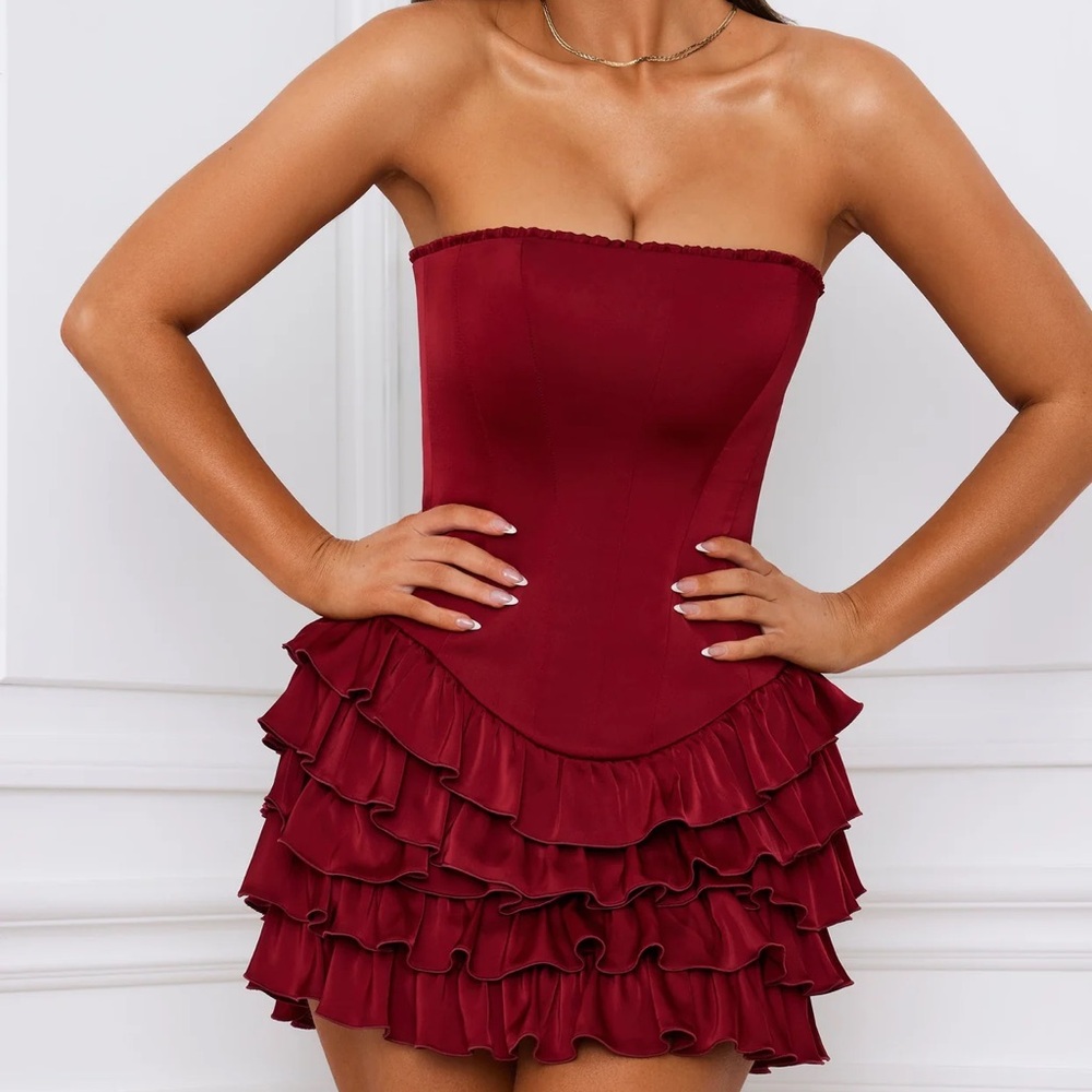 Oh Polly Juliet Strapless Burgundy Ruffle Dress